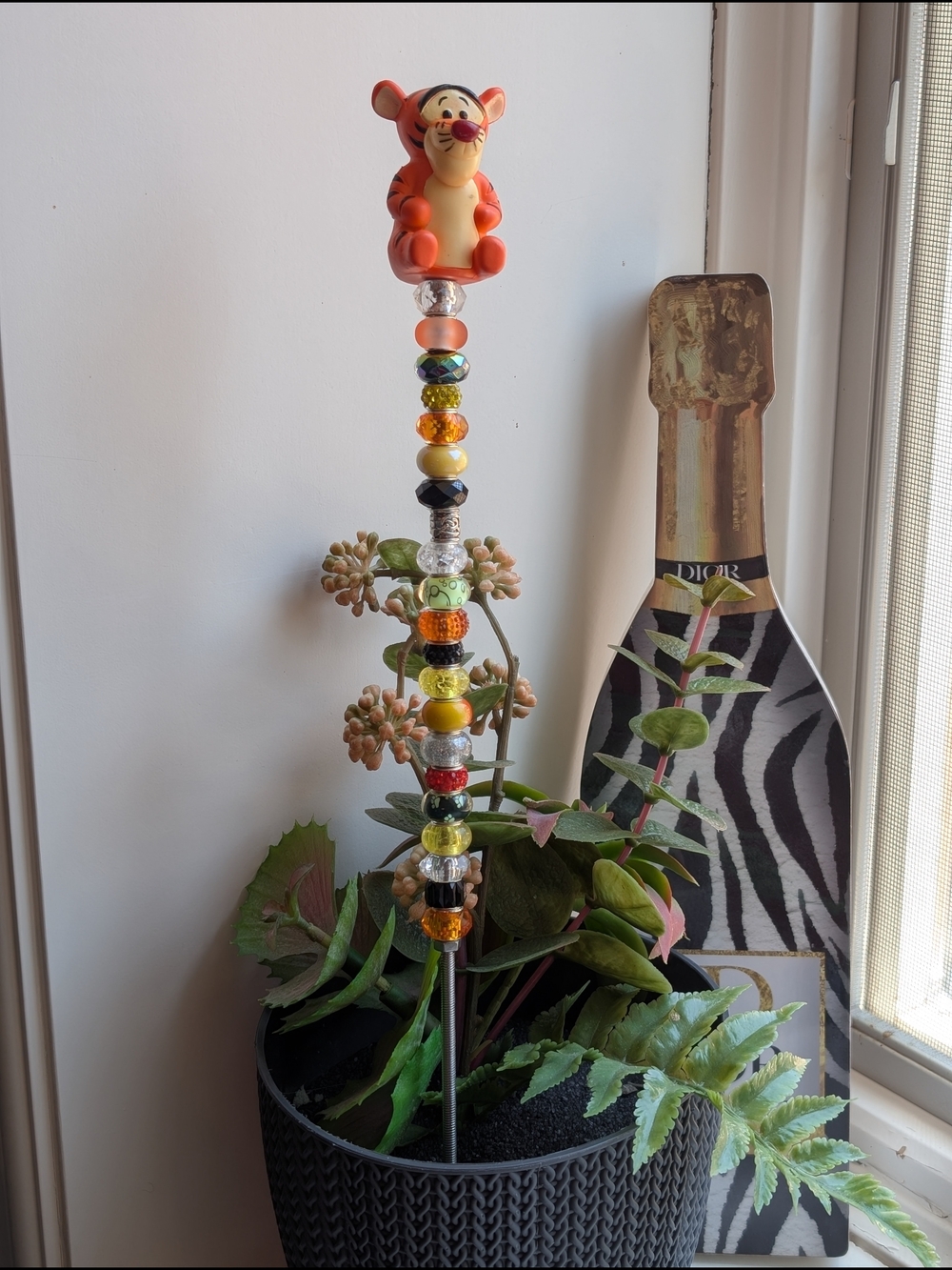 Hand Made Beaded Fairy Wand/Plant/Garden Stake W/Tigger Topper